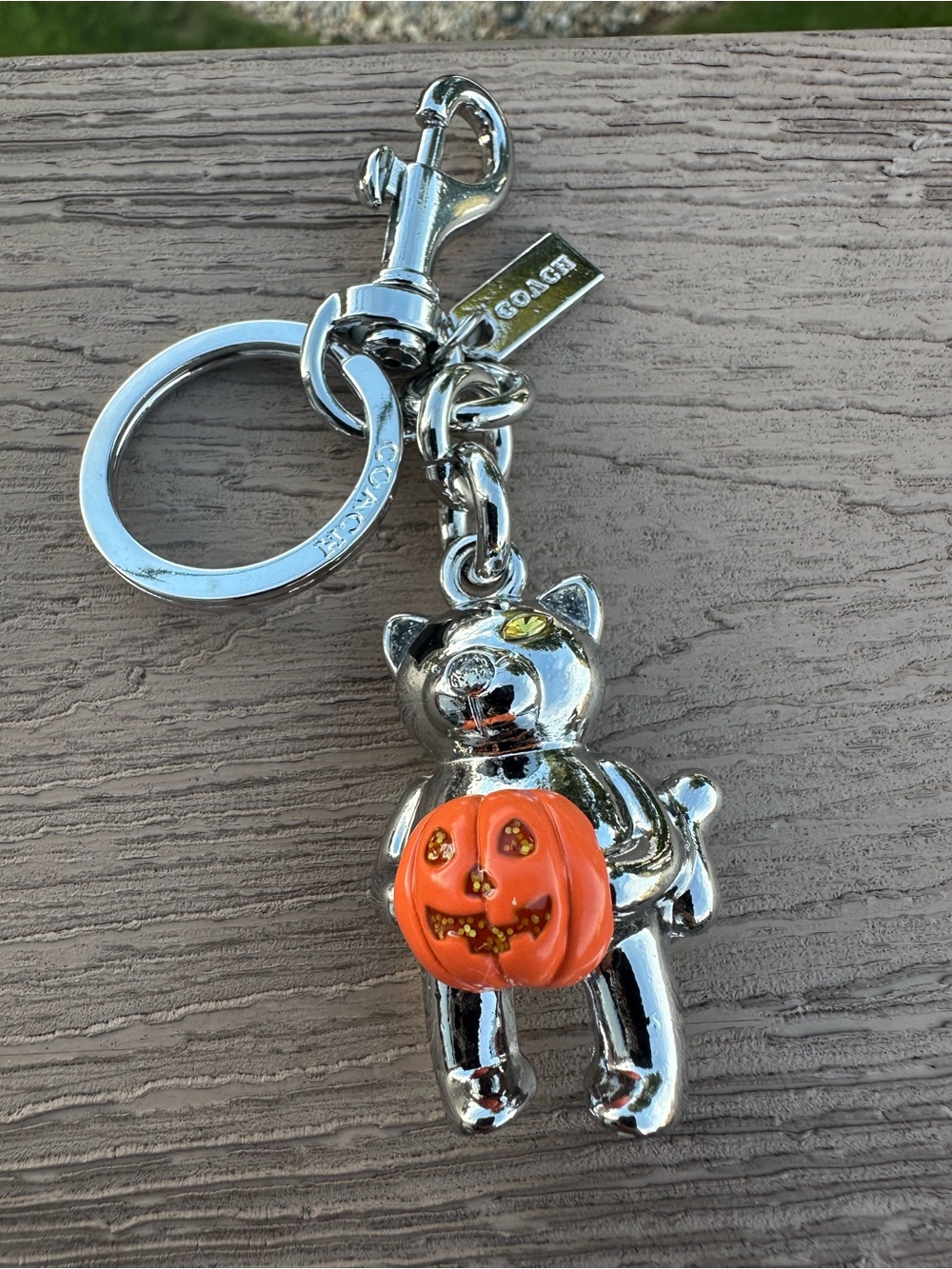 Coach Silver Cat Keyring with Orange Pumpkin Charm